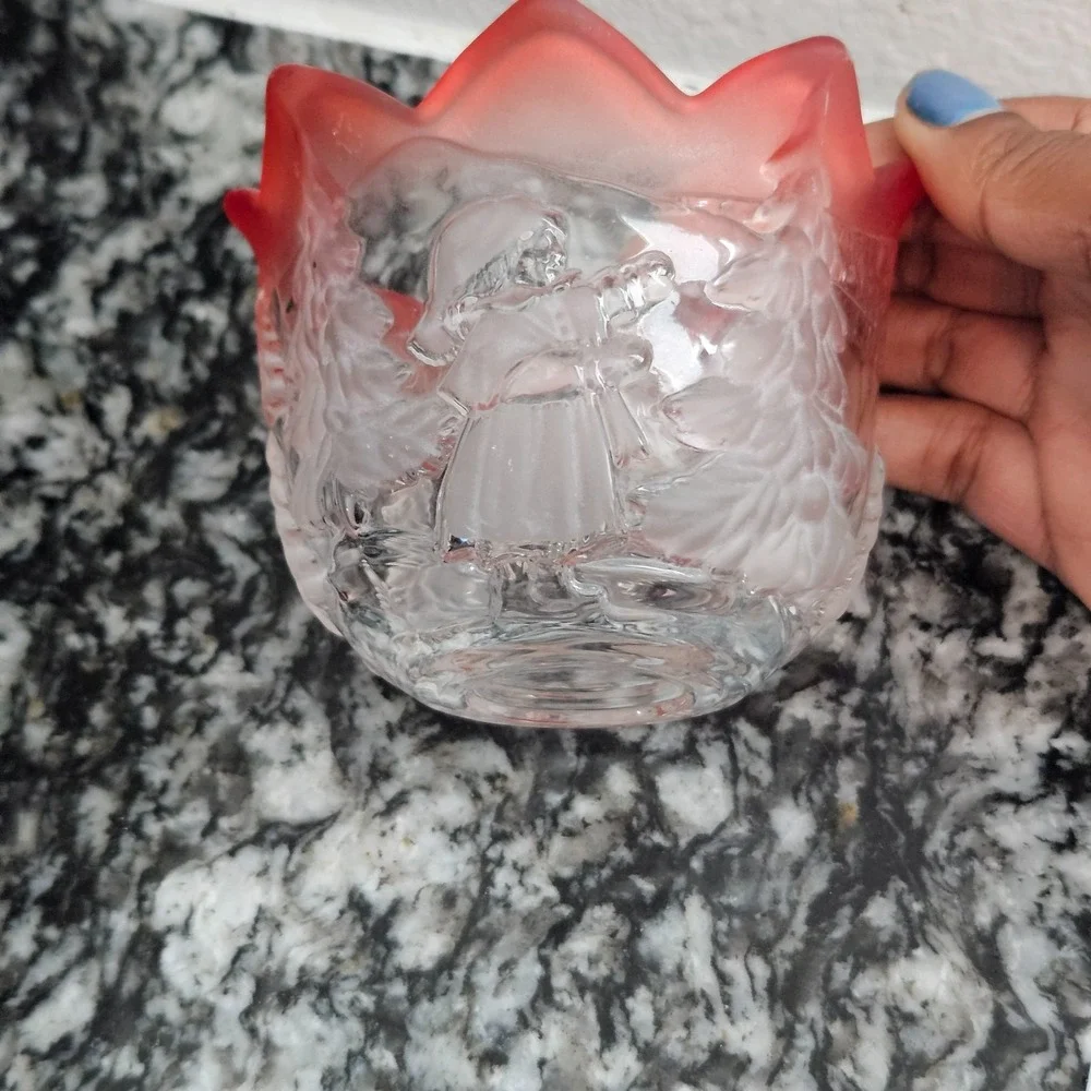 Vintage Red Trimmed Frosted Glass Candle Holder Winter‎ Scene Christmas Decor